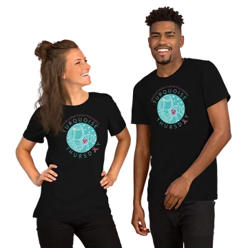 A woman and a man, wearing Turquoise Thursday tshirts.